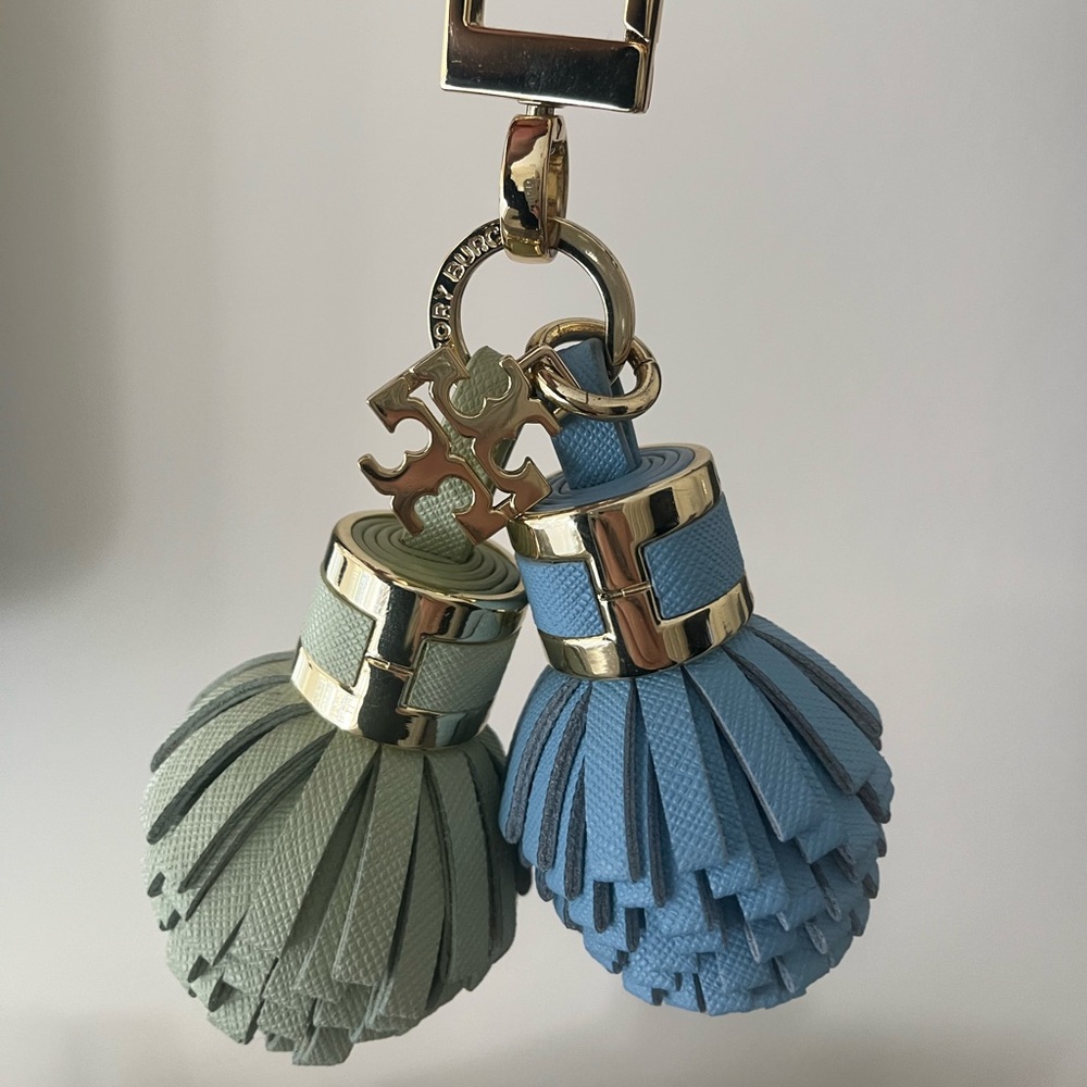 Tory Burch Blue and Sage Leather Tassel Keychain Charm